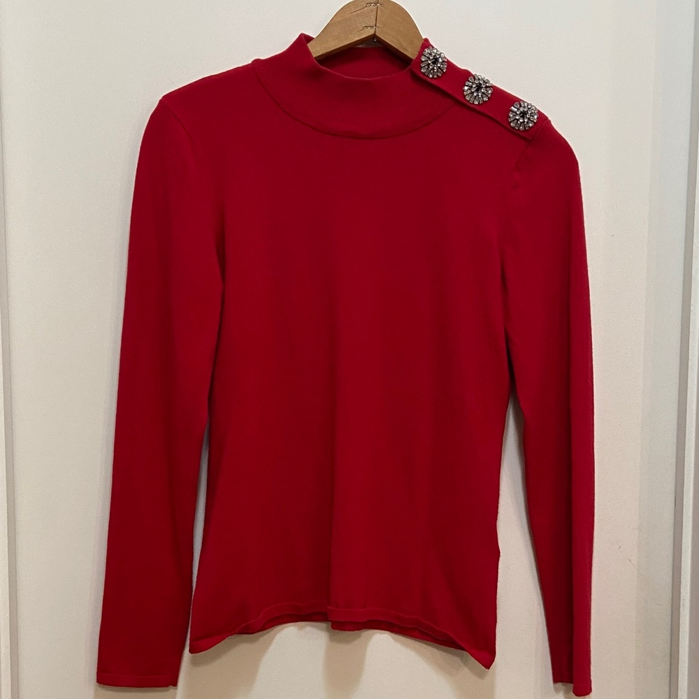 INC International Concepts Scarlet Long Sleeve Top with Embellished Shoulder